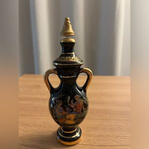 Vintage Fleria 6” tall  Black Greek Hand painted Solid Perfume 24K Gold detail